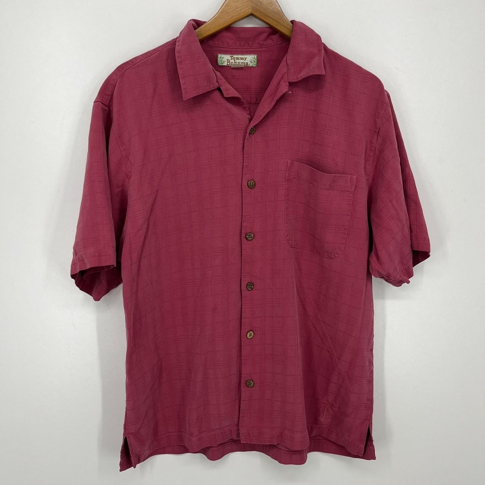 Tommy Bahama Short Sleeve‎ Button Shirt Men's Size L Red Hawaiian Plaid Silk